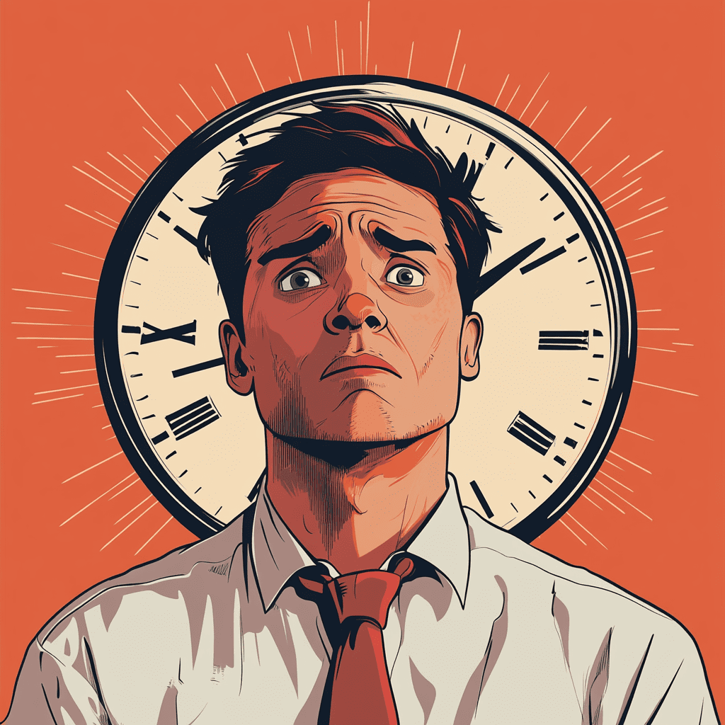 Guy standing in front of a clock experiencing time anxiety.